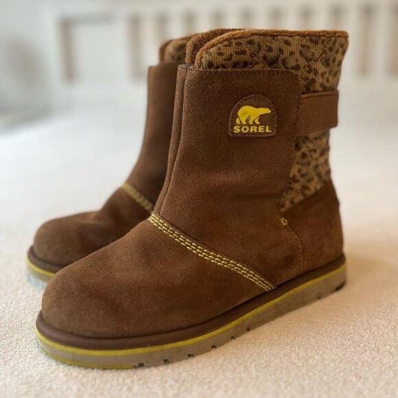 Sorel Suede Leopard Print Nutmeg Rylee Waterproof Boots Women 6 / Youth 4 - Picture 3 of 15